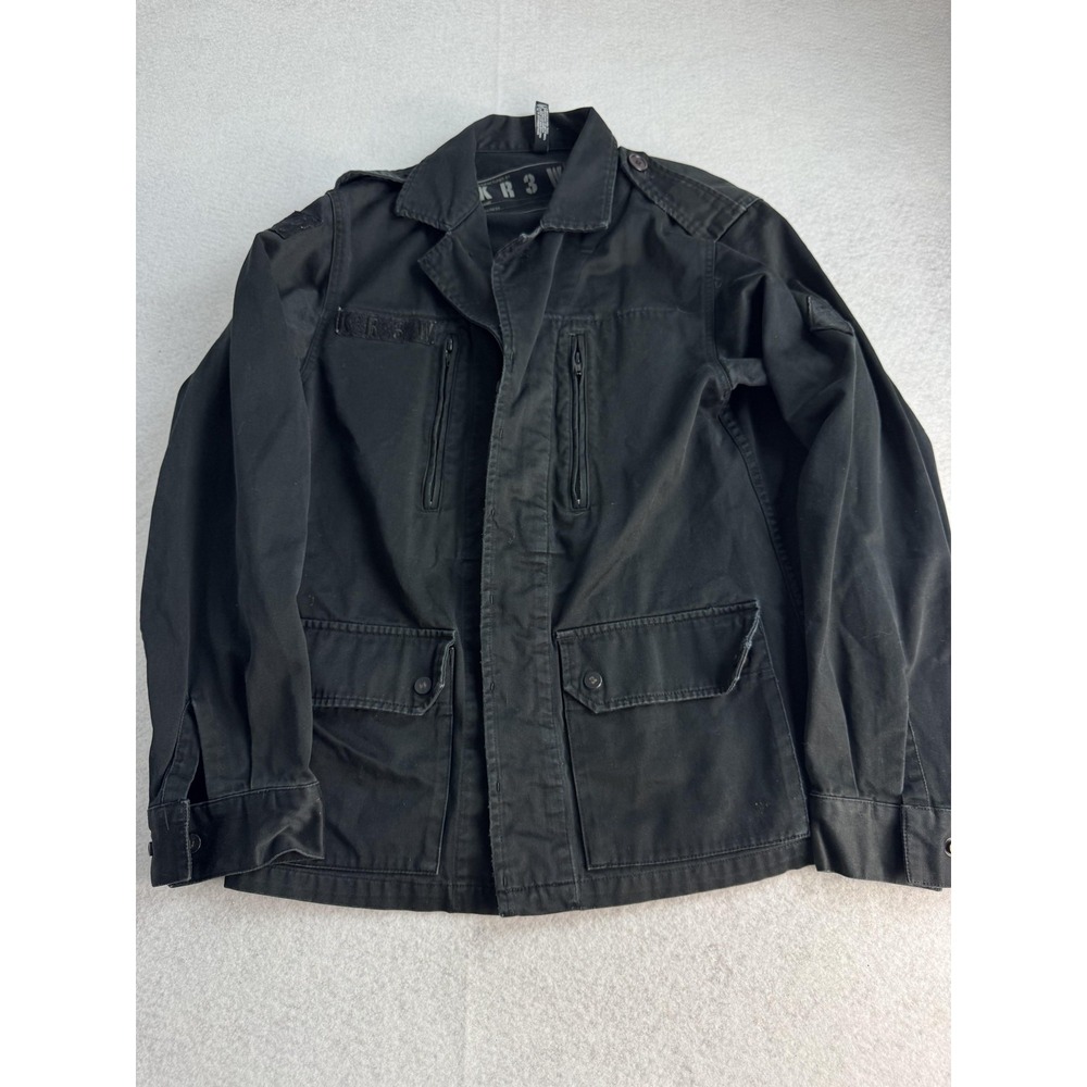 KR3W Jacket Mens Medium Black Canvas Military Field Zip Pockets Unlined Army